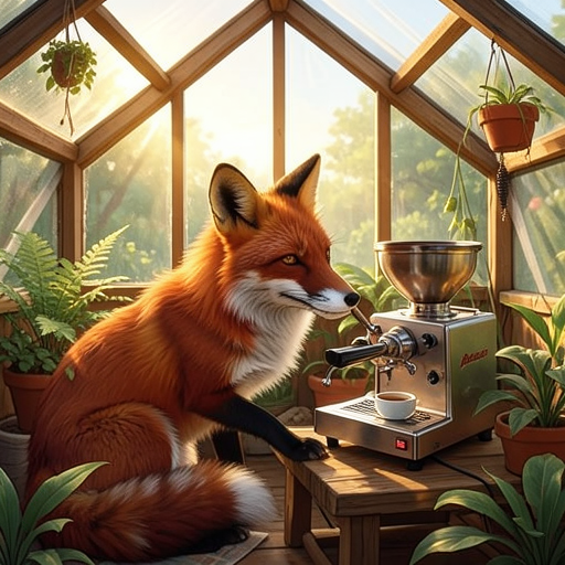 A red fox making espresso in a sunlit greenhouse, generated by the ComfyUI FLUX.2 Klein workflow
